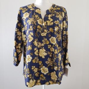 Ellen Tracy Linen Blend Tunic Top Floral Blue S